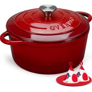 Overmont Enameled Cast Iron Dutch Oven - 7QT Pot with Lid Cookbook & Cotton Potholders - Heavy-Duty Cookware for Braising, Stews, Roasting, Sourdough Baking Red