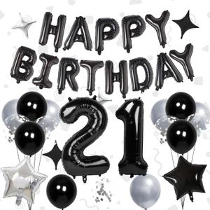 32 Inch 21 Balloon Numbers, Happy Birthday Balloons Banner 16 Inch Foil Letters Balloon Silver and Black Star Balloons for 21st Birthday Decorations for Boys Black Party Decorations