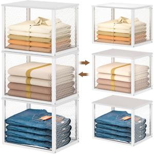 3 Pack Stackable Closet Organizers and Storage Basket, Closet Shelves with Wood Top Extra Storage, Multifunctional Clothes Organizer Bins/Cube Storage Drawer for Wardrobe Kitchen Laundry Room, White