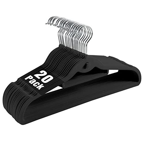 Velvet Clothing Hangers Slim Stackable Non-Slip Black Suit Hanger Space Saving Clothes Hanger Heavy Duty Adult Hangers with 360°Swivel Hook Pack of 20