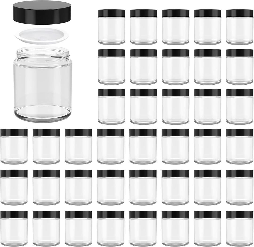 4 oz Glass Jars with Lids, Hoa Kinh 40 Pack Clear Small Glass Jars with Black Lids Empty Cosmetic Containers Airtight Round Glass Jar for Lotions, Powders and Ointments