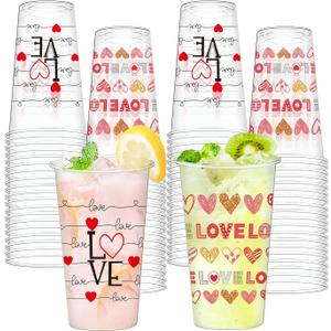 50pcs 16oz Valentine's Day Disposable Cups, Wedding Disposable Clear Plastic Cups for Wedding Anniversary Party Decorations, Suitable for Iced Coffee, Hot Cocoa, Chocolate, Valentine's Day Love Theme