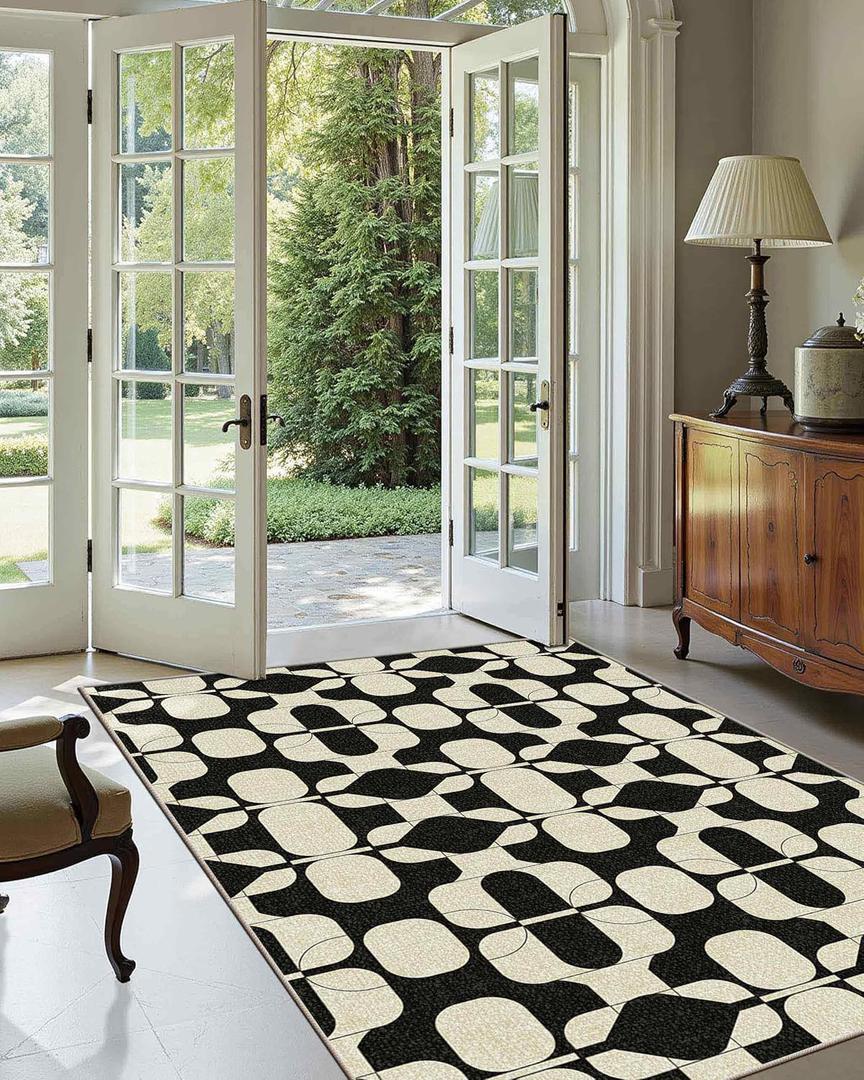 Latte&Fog 3x5 Entryway Rug, Vintage Washable Area Rug, Boho Non Slip Low Pile Throw Carpet for Indoor Bedroom Bedside, Kitchen, Entry and Living Room - Black Beige