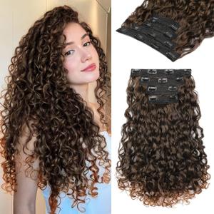 REECHO Curly Hair Extensions - 4PCS 18" GoGo Curly Clip 100% Super Protein Hairpieces with Invisible Lace Weft Silky Soft Natural Look for Women - Mixed Warm Brown with Light Ends