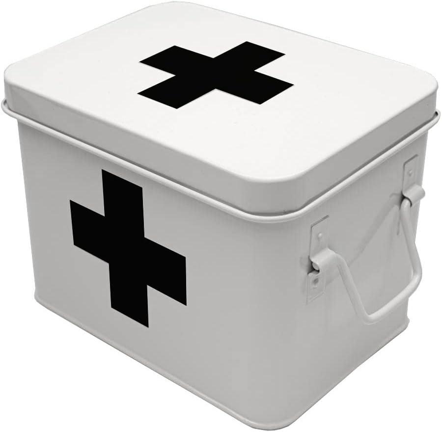 Lassos Boutique Retro Enameled First Aid Box for Medicine Storage and Home Decor with Lid and Removable Tray (White/Black)