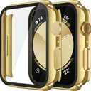 Misxi 2 Pack Tempered Glass Case Compatible for Apple Watch SE 3 (2025) SE 2 SE Series 6 Series 5 Series 4 44mm, Hard PC Screen Protector Overall Protection Cover for iWatch, 1 Gold + 1 Transparent
