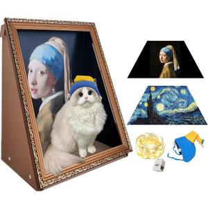 Oil Painting Frame Cat House with Scratcher - 2 Interchangeable Oil Painting Backgrounds - Starry Night & Girl with a Pearl Earring - LED fairy light Lights & Pet Hat - 3D Art Picture Frame Cardboard House Bed Cave Indoor, Easy-to-Assemble