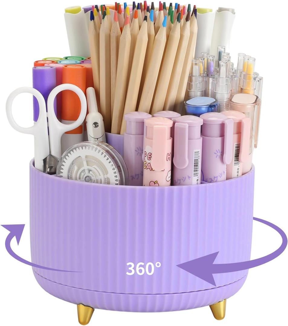 Camelmother Pen Holder For Desk With 5 Slots 360Rotating Pencil Holder Makeup Organiezr Teacher Supplies Office decor (purple)