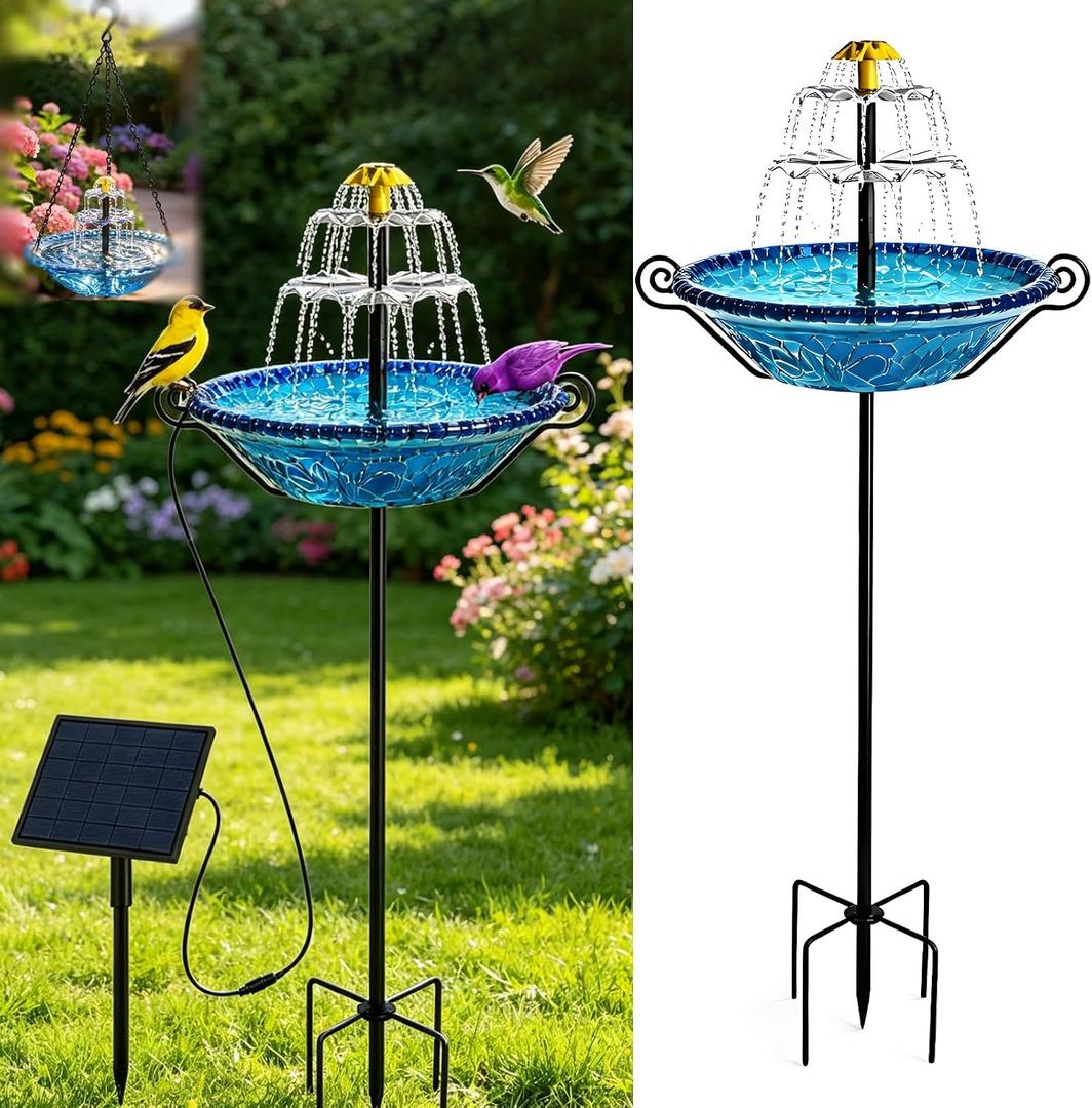 Solar Bird Bath Fountain for Outside,Plastic Birdbath with Metal Stand and Hook