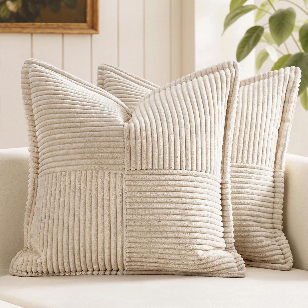 MIULEE Decorative Throw Pillow Covers for Couch Bed Livingroom 18x18 Inch Set of 2 Beige Boho Accent Throw Pllows Broadside Striped Patchwork Soft Corduroy Pillowcases
