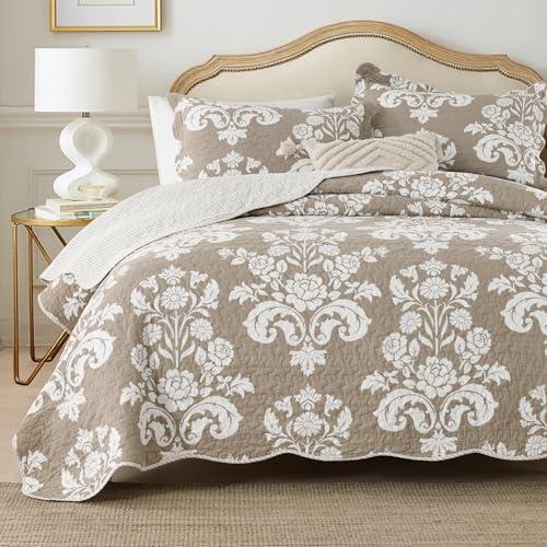 Qiqiong Taupe Queen Quilt Set - 100% Cotton Farmhouse Floral & Striped Quilts - Taupe and White Reversible Quilt Bedding Set - Lightweight All-Season Coverlet Bedspread Set 3-Piece