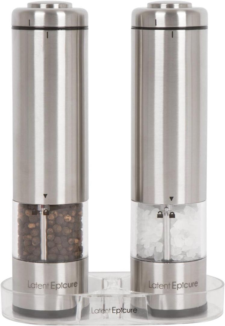 Electric Salt and Pepper Grinder Set - Battery Operated, Stainless Steel Shakers with Adjustable Fine & Coarseness, One Handed Operation, LED Light & Complimentary Mill Rest Tray ((AA) Pack of 2)