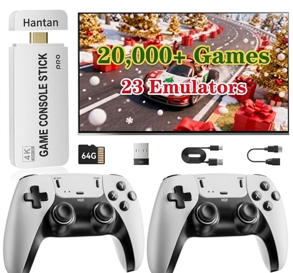 Retro Gaming Console, Retro Gaming Stick with 20,000+ Classic Games and 23 Game Emulators, Plug & Play 4K HDMI Output Game Console Stick with Dual 2.4G Controllers (64GB)