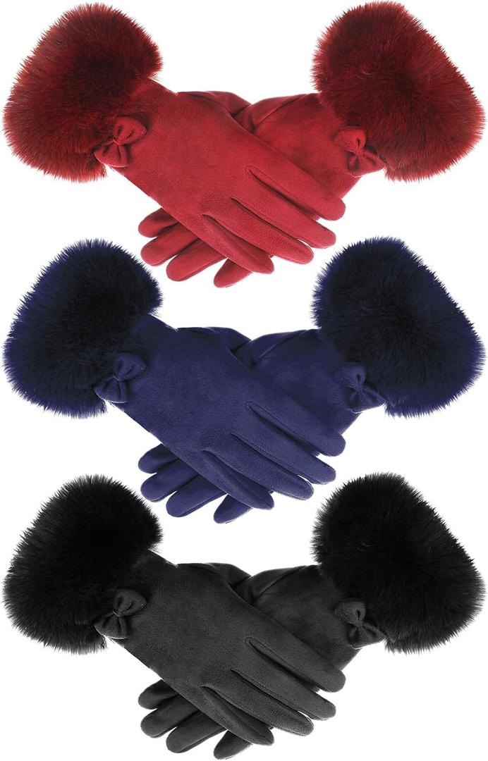 Shihanee 3 Pairs Women Winter Gloves with Fur Cuff Touchscreen Suede Red Black Blue Gloves Fleece Lined Bow Tied Cold Weather Warm Thermal for Texting Gifts Driving Running