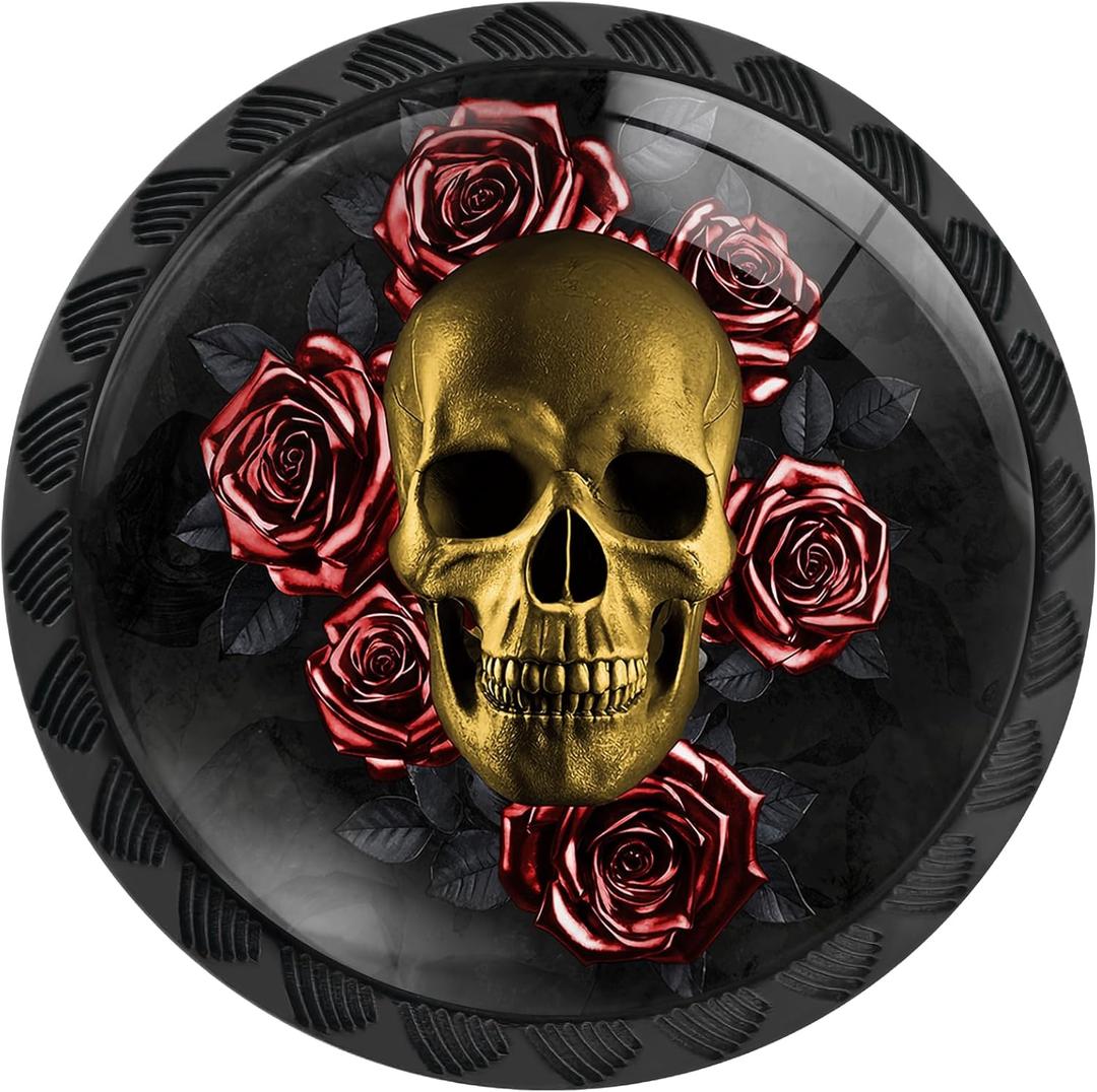 4 Pack Gothic Gold Skull with Red Roses Cabinet Knobs Round Drawer Pulls Black Dresser Knob Cupboard Door Handles Hardware for Kitchen Bathroom Cabinets