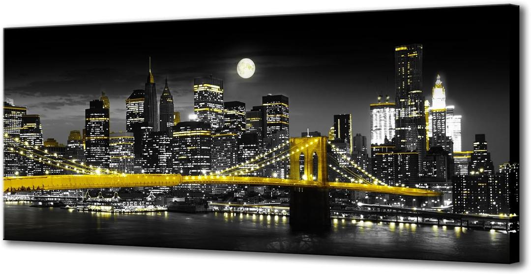 Biuteawal Black and White Yellow Canvas Print New York City Brooklyn Bridge at Moon Night Picture Photo Painting Cool Manhattan Skyline Artwork Modern Home Office Wall Decoration Ready to Hang, 48"L x 20"W