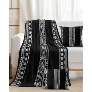 Black White Boho Geometric Throw Blanket and 2 Pillow Covers, Decorative Cozy Fuzzy Blankets, Modern Abstract Art 3 Pieces Soft Throw Blanket Set for Couch/Bed/Travel 40"x50"