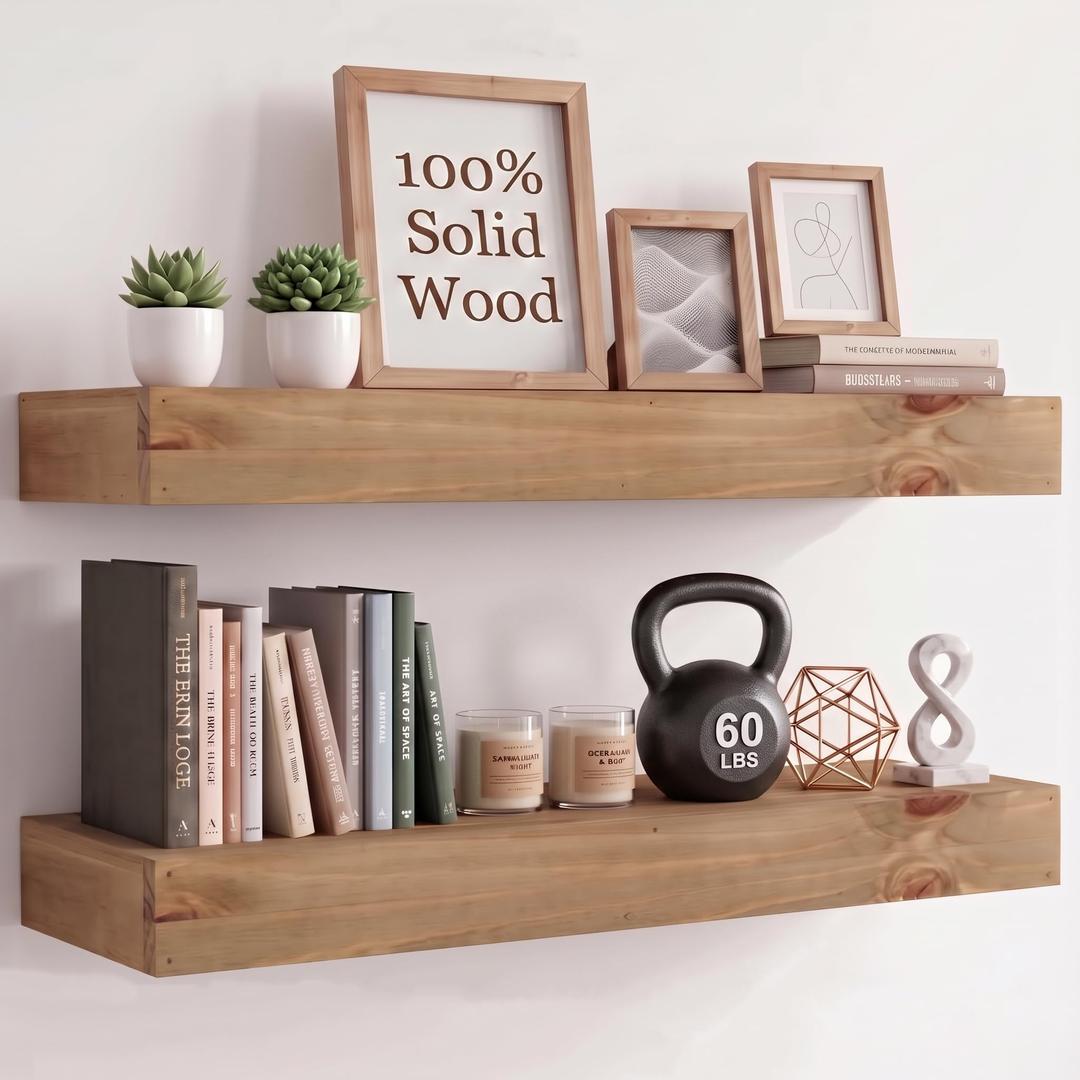 WOPITUES 48" Long Floating Shelves, 3" Thick Rustic Wall Shelves Set of 2