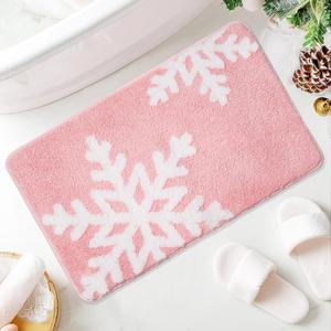 Christmas Bathroom Rugs Set  Pink Snowflake Bath Mat, Cute & Absorbent Christmas Bath Mat, Non Slip Holiday Bathroom Rug with Snowflake Design for Festive