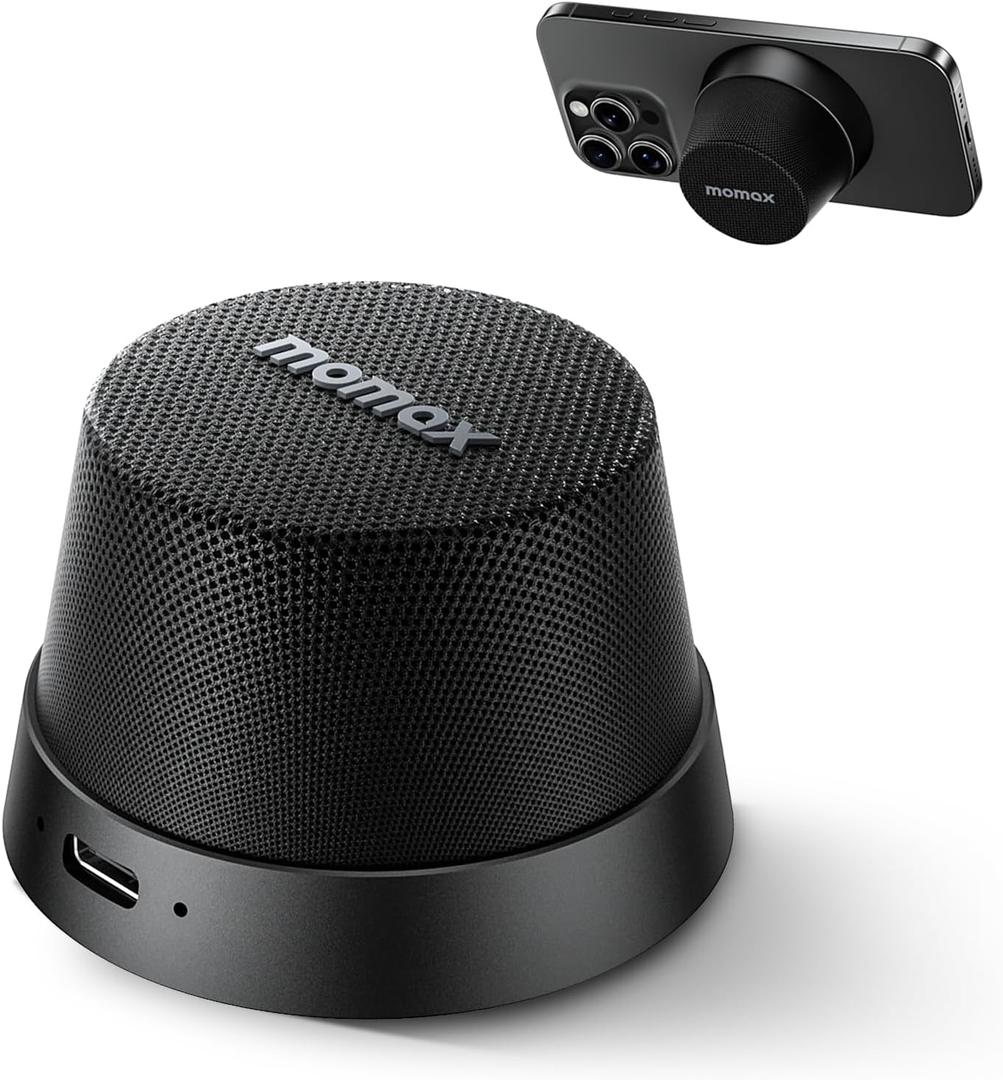 MOMAX Magnetic Portable Bluetooth Speaker - Mini Waterproof Shower Speaker with Bass, 12H Playtime, Outdoor Speaker True Wireless Stereo Pairing for Golf, Beach, Home, Travel, Gift Ideas (Black)