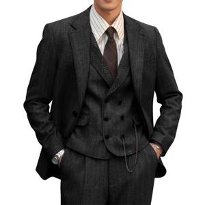ZKHOECR Mens Suit 3 Piece Tweed Herringbone Tuxedo Suit Wedding Suits for Mens Blazer Jacket Double Breasted Vest Pants Set (Medium, Black)