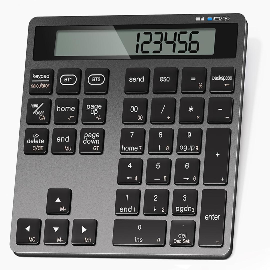 Rechargeable Wireless Number Pad for Laptop, Dual Bluetooth Number Keypad with Calculator Display, 34-Key Numeric Keypad for Windows, Mac, PC, Tablet (Black)