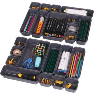 Set of 22 Interlocking Desk Drawer Organizer Tray Dividers Plastic Shallow Narrow Drawers Organizers Separators and Storage Bins Container for Kitchen Bathroom Makeup Office Vanity Bedroom Dresser (Black)