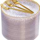 DaYammi 240Pcs Gold Plastic Plates Including 120Pcs Dessert Plates and 120Pcs Cake Forks,Hammered Party Plate,Clear Gold Appetizer plates Heavy duty Disposable Plastic Plate for Party Wedding Birthday