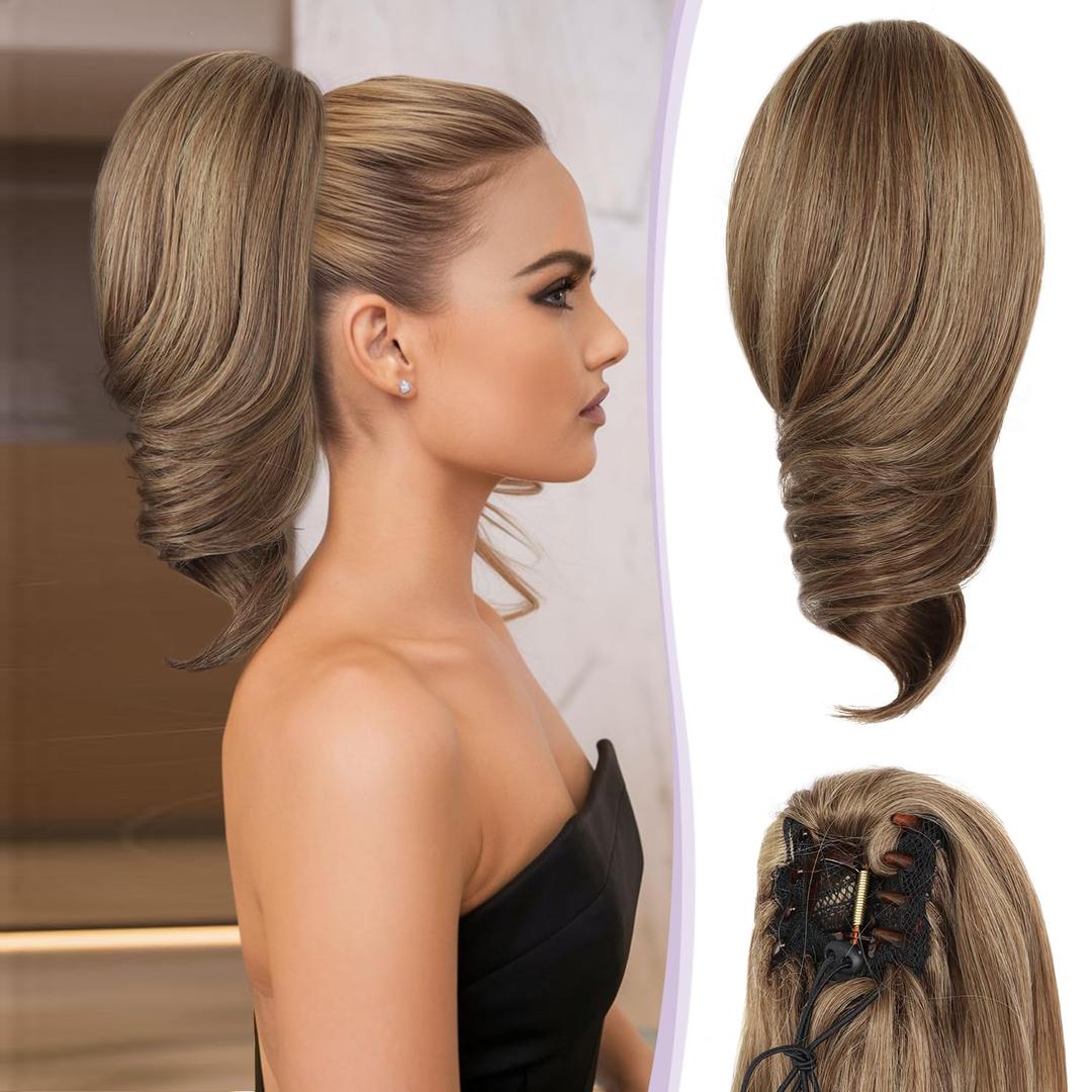 12 Inch Ponytail Extension - Clip in Ponytail Hair Extensions, Curly Wavy Pony Tails Hair Extensions, Synthetic Claw Clip Ponytail Extension for Women (Color: Light Brown With Blonde Highlights)