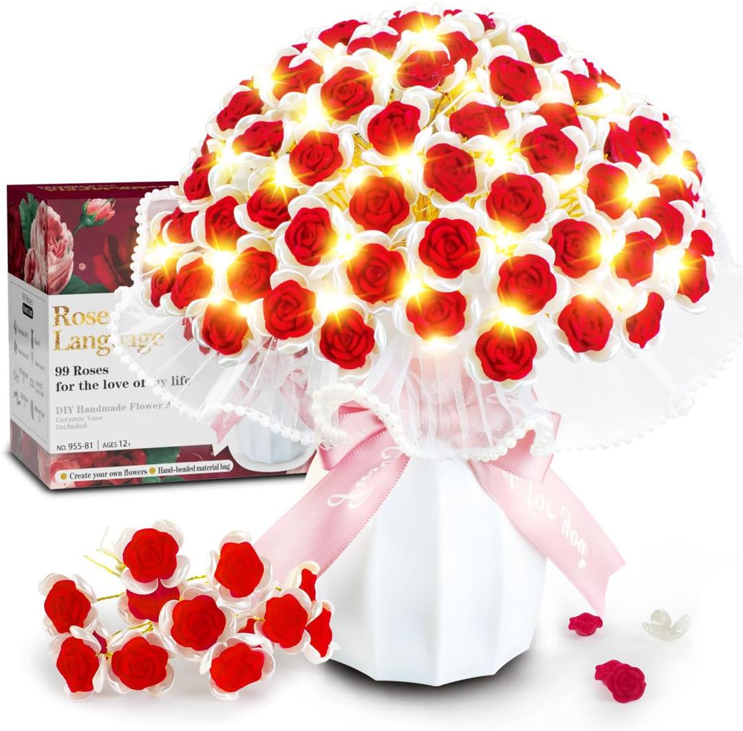 Handmade Glitter 99 Roses Flowers Bouquet Set, Artificial Flowers Plastic Vase, DIY Craft Roses for Home Office Decor, Birthday Anniversary Handmade Gifts for Her Him