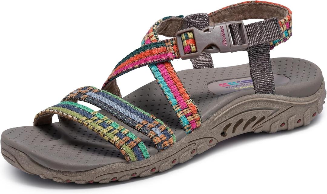 Skechers Women's Reggae-Sew Me-Boho Woven Strappy Slingback Sandal (7, Taupe Multi)