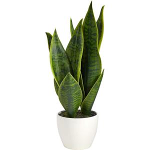 Nearly Natural 16-in Artificial Snake Plant Sansevieria, Faux Snake Plant for Indoor Home Decor in White Decorative Planter, Fake Plant for Desktop or Table Top