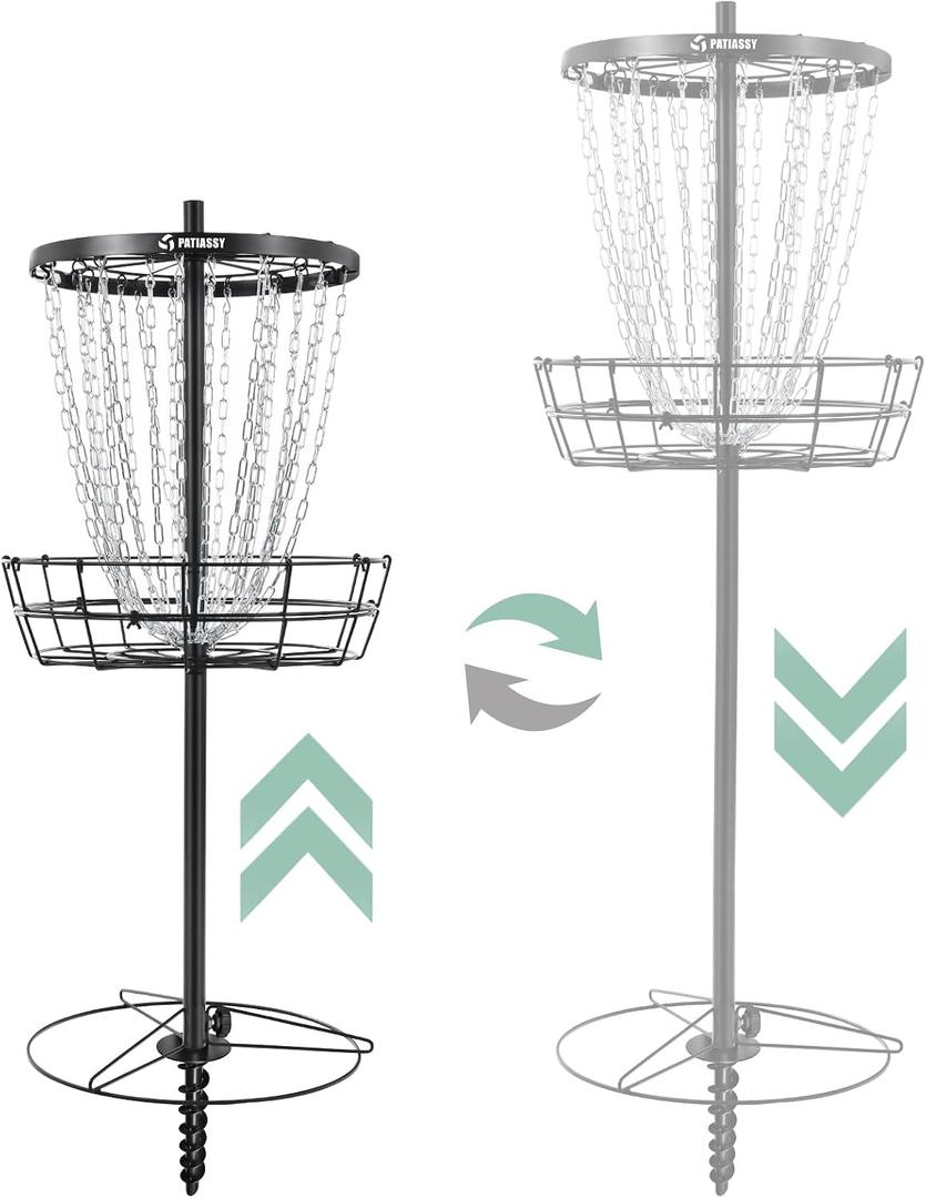 Disc Golf Basket with 24/12 Heavy Duty Chains, Disc Golf Target with Adjustable Height/Sound Reducer & Remote LED Light & Light Up Discs, Durable Practice Goal with Ground Stake for Backyard, Height: 52" or 74"; Depth: 7.1"