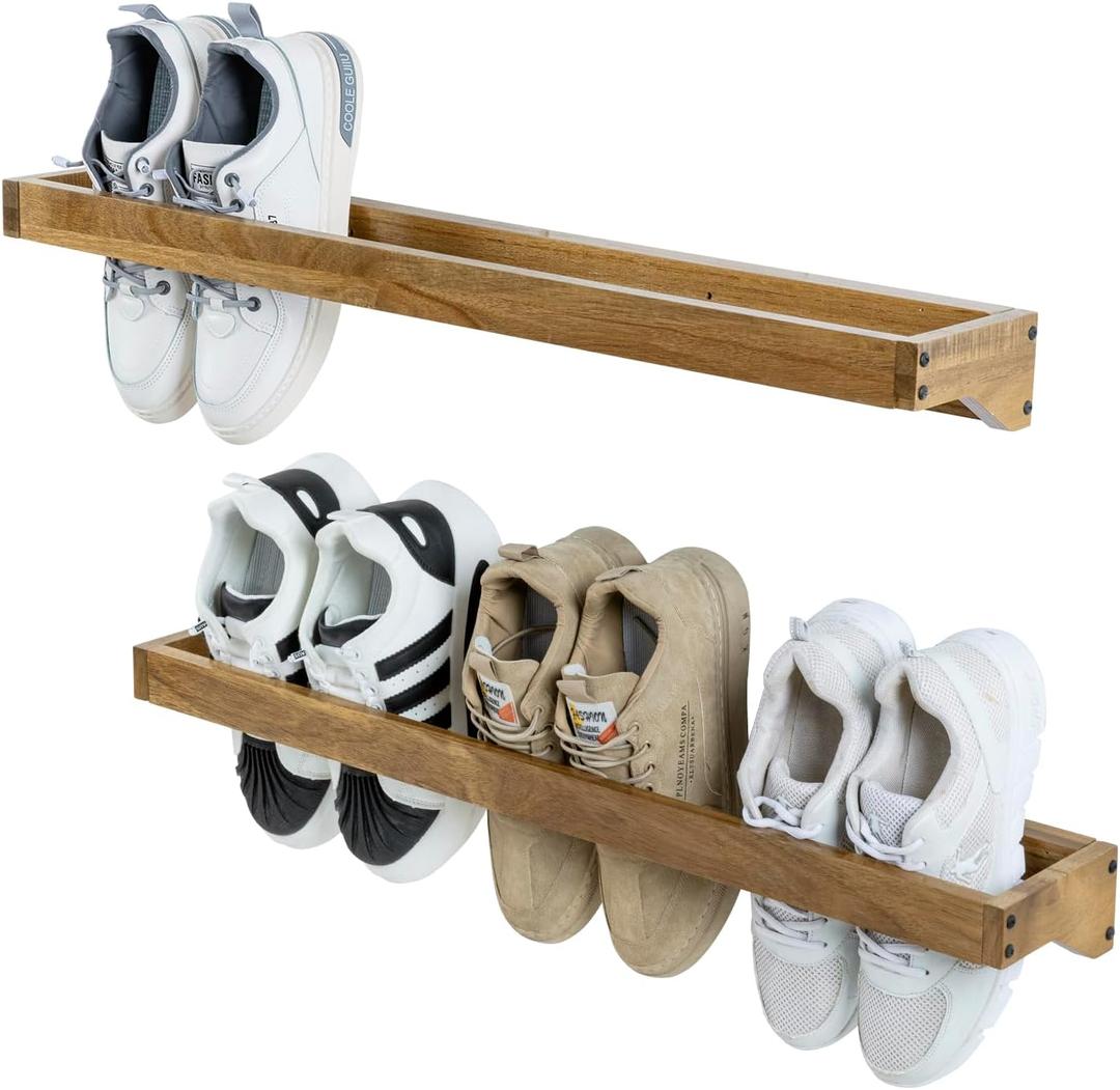 MyGift 30 Inch Premium Acacia Solid Wood Hanging Shoe Rack, Set of 2 Wall Mounted Storage Organizer Footwear Holder for Closet, Mudroom, Entryway, Holds 6 Pairs