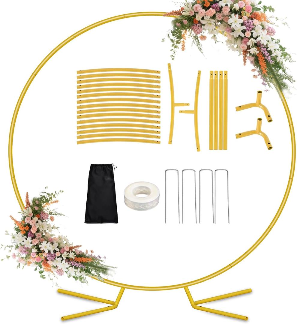 7.2FT Round Balloon Arch Stand Kit,Metal Circle Arch Backdrop Stand for Parties, Gold Wedding Arches Frame with Base for Ceremony Anniversary Birthday Baby Shower Gender Reveal Party Decor