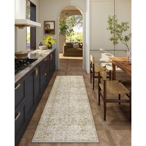Washable Kitchen Rug Runners for Hallways: 2'x6' Bedroom Runner Rug Non Slip Low-Pile Stain Resistant Soft Carpet Runner for Indoor Entryway Hallways Kitchen Laundry Room Beside Farmhouse (Beige and Brown)