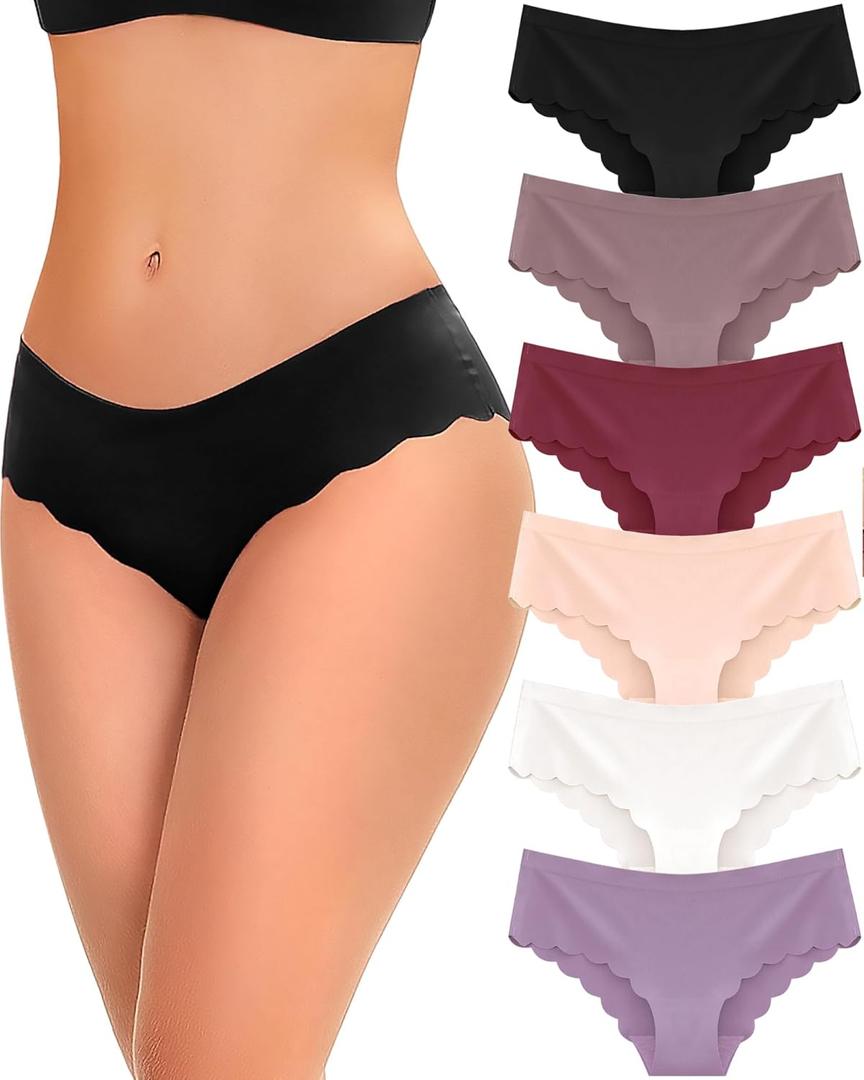 FINETOO 6 pack Seamless Underwear for Women Sexy Low Rise Hipster Wave Edge No Show Bikini Panties Womens Cheeky (Large, Set1-6pack)