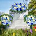 Artificial Headstone Flower Saddle, Cemetery Flowers, Memorial Flowers, Silk Tulip Rose Daisy, Blue, 3 Piece