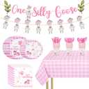 170 Pcs One Silly Goose Birthday Decor Girl Party Tableware Set, Silly Goose Birthday Decorations Include Pink Gingham Tablecloth Plates and More for 24 Guests, Baby Shower Decorations for Girl