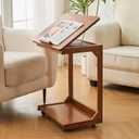 C Shaped Wood Side Table - Small Wooden End Table with Wheels for Couch, Modern Rolling Tv Tray Sofa Tables Nightstand Living Room Bedroom for Armchair Bedside, Walnut, 15.7 in x 23.6 in x 24.8 in