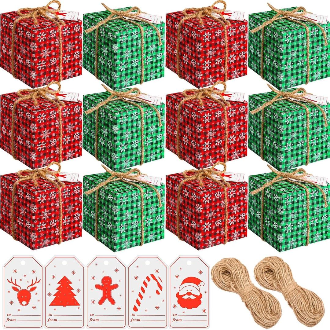 Qeeenar 100 Pieces Christmas Gift Boxes with Lids 4 x 4 x 4 Inches Gift Box Classic Plaid Decorative Boxes Xmas Ornament Gift Boxes with Gift Tags and Rope for Christmas Party Favor Decor (Snowflake)