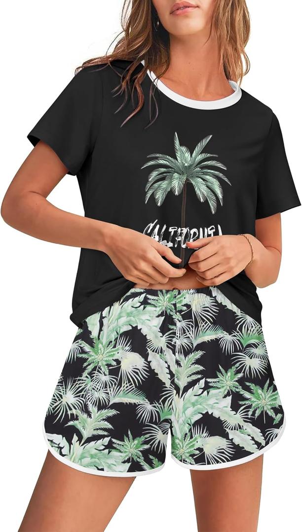Ekouaer Women's Pajama Sets 2 Piece Lounge Sets Summer Pj Sets Cute Graphic Floral Tees and Shorts with Pockets (Large)