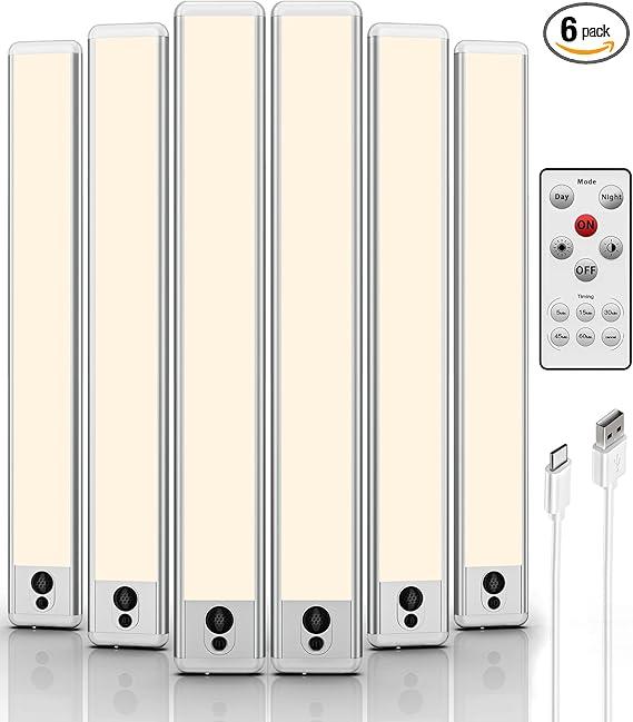 EZVALO Under Cabinet Lights,14.5'' Motion Sensor Light Indoor Dimmable, 4000mAh Rechargeable Closet Lights 3500K with Remote Control, Wireless Under Counter Light for Kitchen,Cabinet (Warm6Pack)
