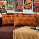 Kevin Textile Happy Halloween Pillow Covers 12x20 Inch Set of 2 3D Bats with Ears Embroidery Decor Soft Plush Faux Fur Rectangular Lumbar Cushions for Holiday Decor Sofa Couch Bedroom, Brown