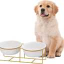 Large Small Double Elevated Dog Bowls - Raised Dog Bowl - Ceramic Dog Cat Bowl Set for Food and Water - Pet Comfort Feeding Bowls with Gold Iron Stand