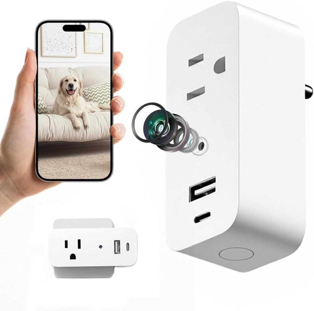 ULar Plug Security Camera, Mini 1080P FHD WiFi Cam with 3-Device Charging, Built-in 32GB SD Card, APP Remote Motion Detection, Wall Powered Wireless Multifunction Smart Cam (No Audio)​