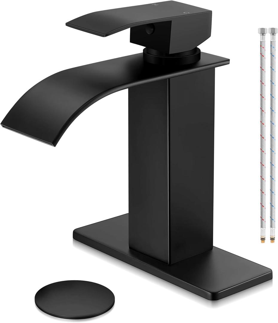 Herogo Matte Black Waterfall Bathroom Faucet, Stainless Steel Vanity Sink Faucet Set with Pop-up Drain & Hooks, Single Handle 1 Hole or 3 Holes Deck Mount RV Lavatory Tap with 2 Water Hoses