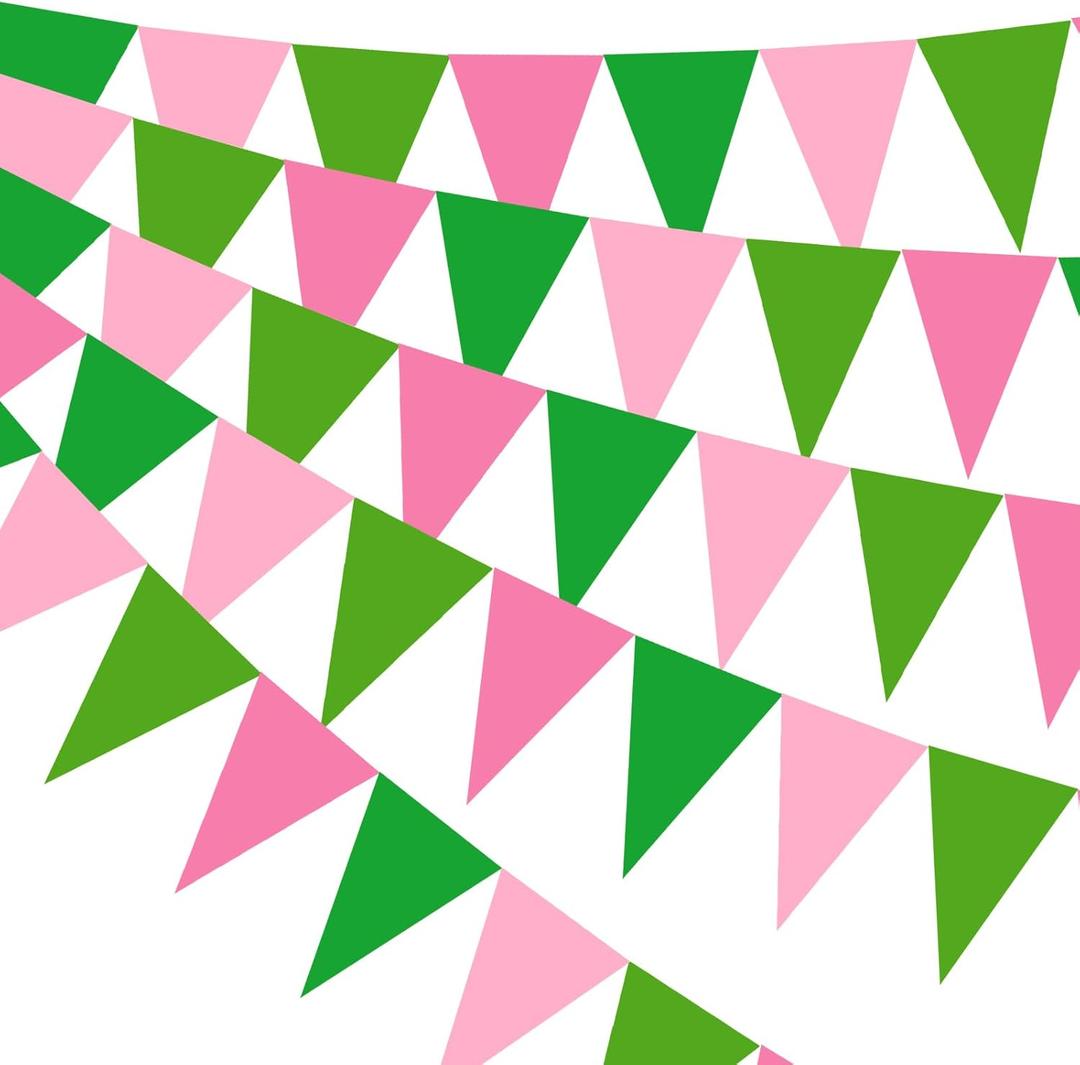Pasimy 49.21 ft 60 Pieces Party Pennant Banner Flags Decorations String Triangle Flags for Birthday Baby Shower Carnival Movie Witch Crown Party Supplies (Pink and Green)