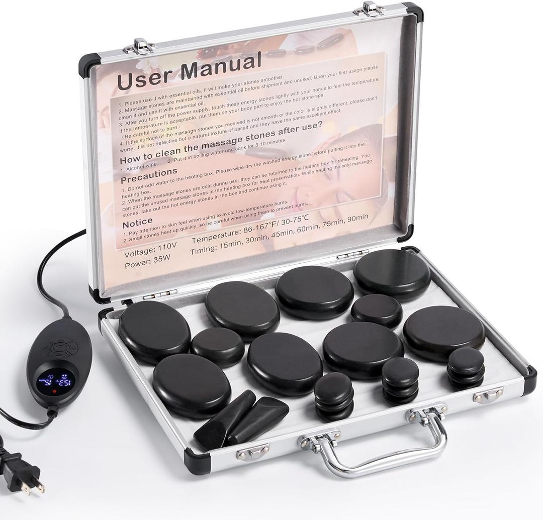 Hot Stones Massage Warmer Kit with Temperature Adjustment, 21 Pcs Hot Stones Massage Set, Portable Hot Stone with Heater for Home Spa Warming Therapy Relaxing