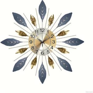 Large 21.6 inch (55 cm) Metal Wall Clock,Silent Non,Ticking Modern Metal Leaf DesignDecorative 3D Wall Clock in Blue Gold Color